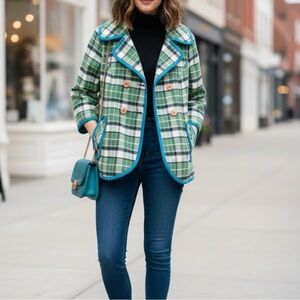 Tabitha (Anthropologie) Cropped Green Plaid Double-Breasted Jacket 3/4 Sleeve